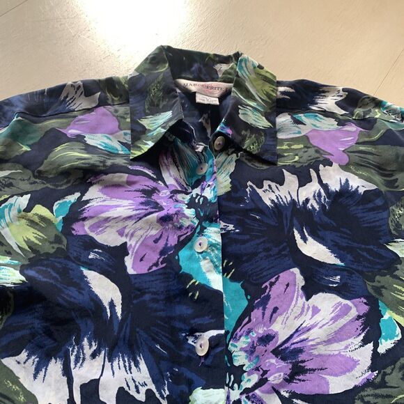Marguerite Li Silk Blouse Button Front Shirt Blue Green Purple Black Floral M - Picture 3 of 7